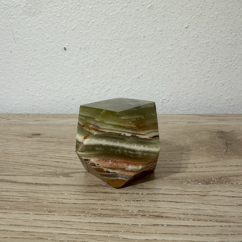 Green Onyx Paperweight Tetradecagon Vintage Collectable Polished Brown Layered
